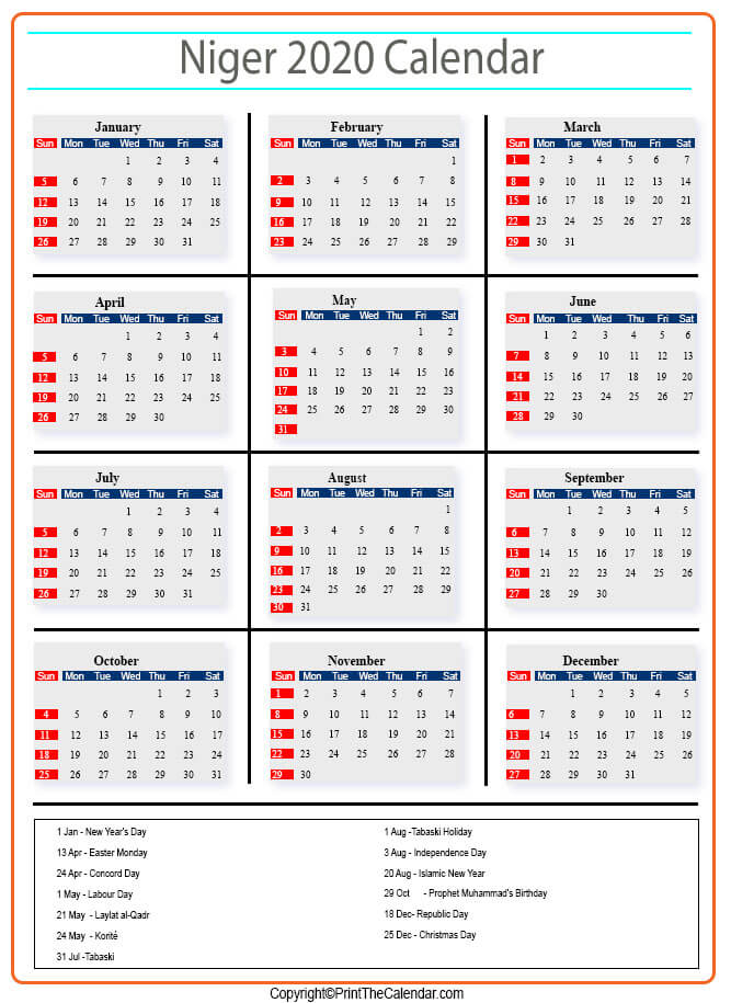 Niger Calendar 2020